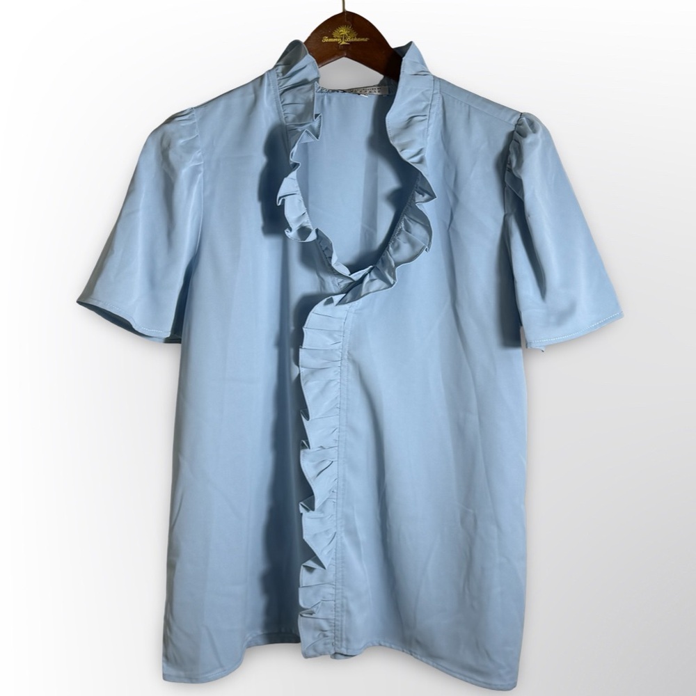 Cezele Light Blue Ruffle V-Neck Blouse Short Sleeve Top Women’s M